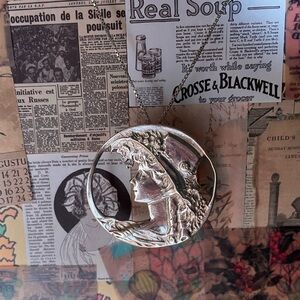 vintage art nouveau large sterling silver lady portrait round brooch or pendant